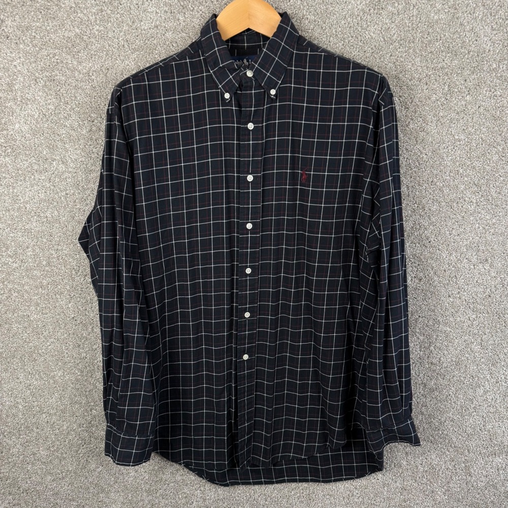 Ralph Lauren Blake Shirt Mens Large Navy Blue Red Windowpane Plaid Cotton Button - Picture 3 of 6